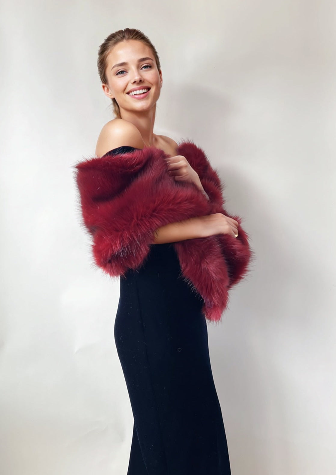 Hulda Fur Shawl In Wine Red Flowering Girl