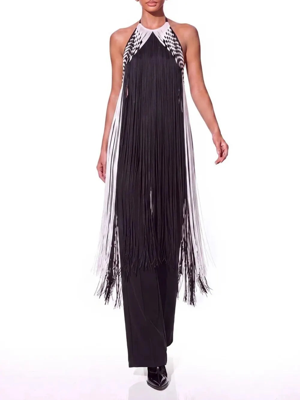 Pyrune Halterneck Fringe Midi Dress Flowering Girl