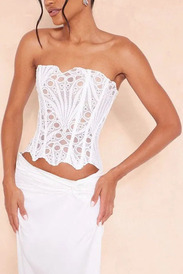 White Textured Sheer Floral Lace Corset Flowering Girl