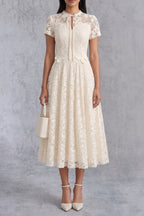 Cream Lace Tie Neck Short Sleeve A-Line Midi Dress Flowering Girl