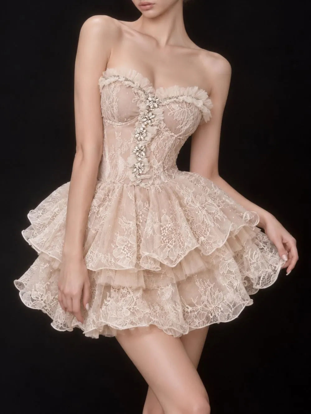 Mitsuki Strapless Lace Layered Mini Dress Flowering Girl