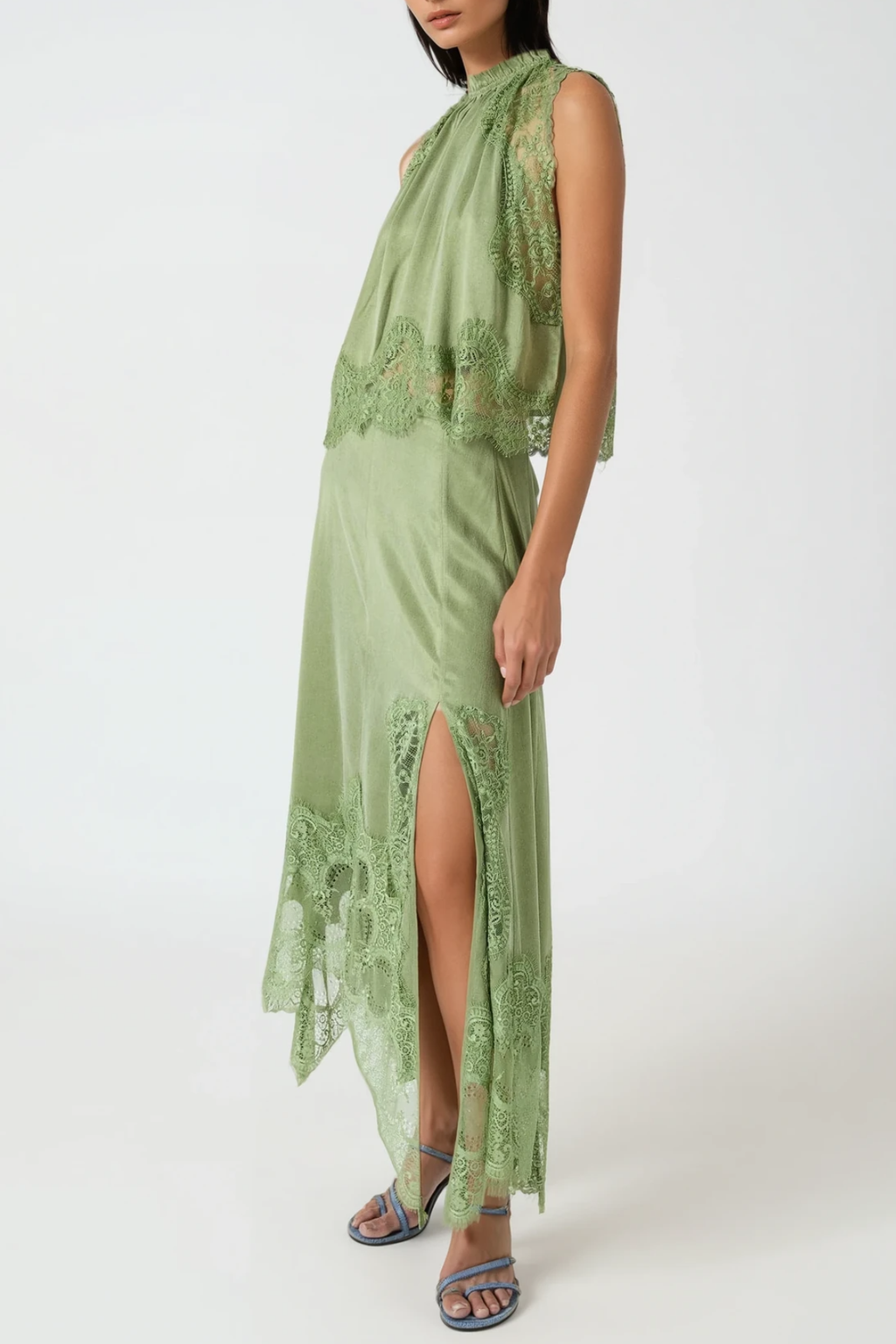 Gavia Sleeveless Lace Top & Midi Skirt Set - Green Flowering Girl