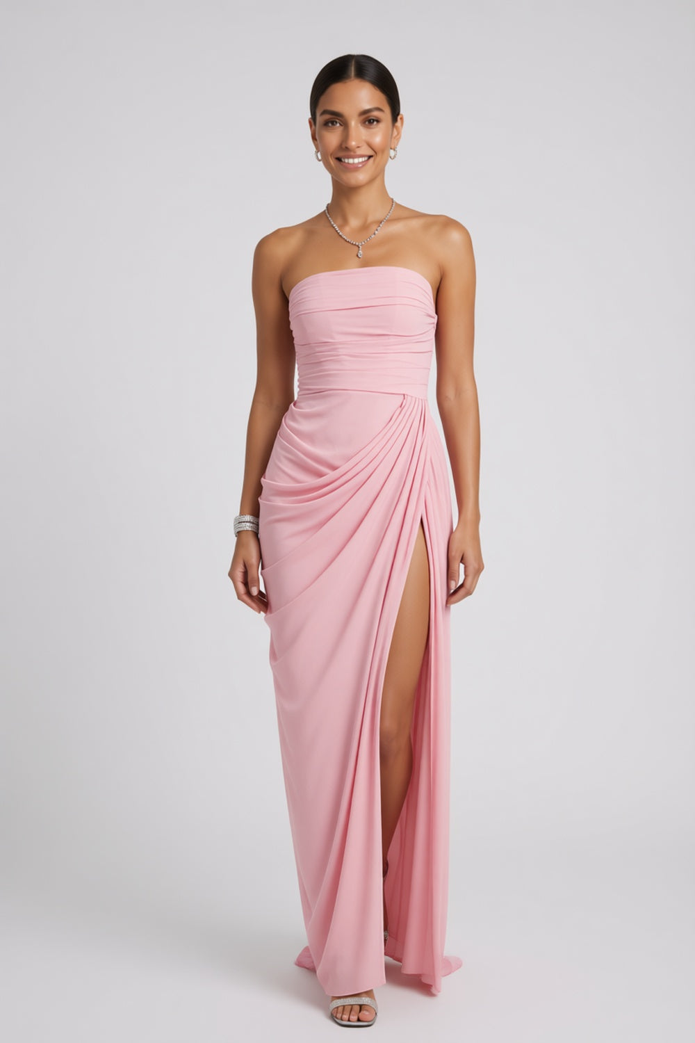 Pastel Pink Lightweight woven crepe or chiffon Column with asymmetric side drape Evening Gown Flowering Girl