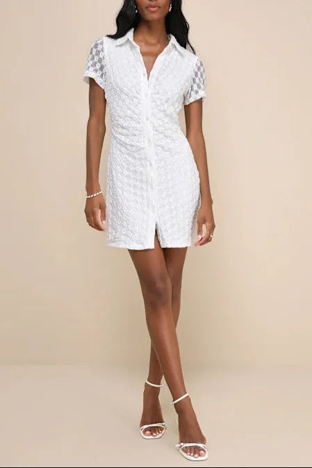 Truly Pristine White Mesh Floral Ruched Button-Up Mini Dress Flowering Girl
