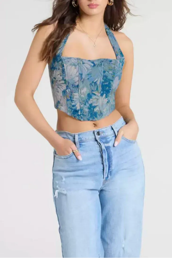 Jacquard Halter Corset Top Flowering Girl
