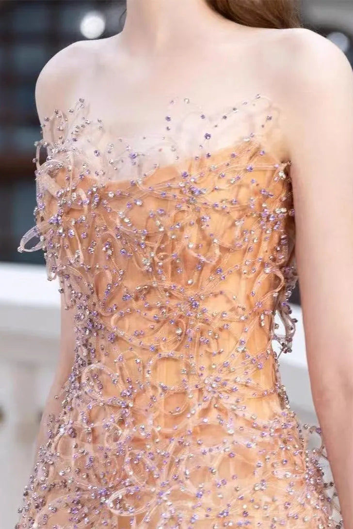 Nude Beaded Strapless Maxi Dress Flowering Girl