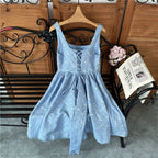 Beaded Square Neck Retro Jacquard Bow Strap Waist A-Line Mini Dress Flowering Girl