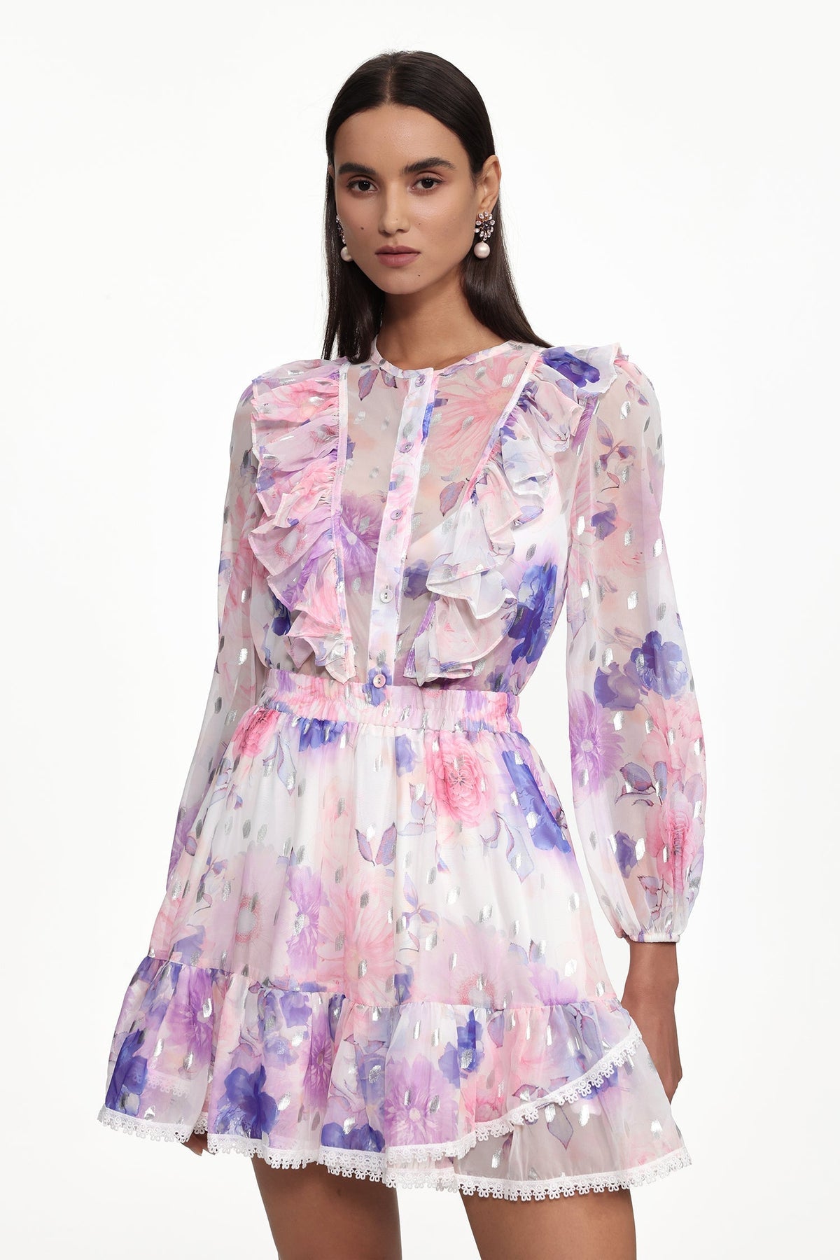 Tia Long Sleeve Floral Print Ruffle Woven Mini Dress Flowering Girl