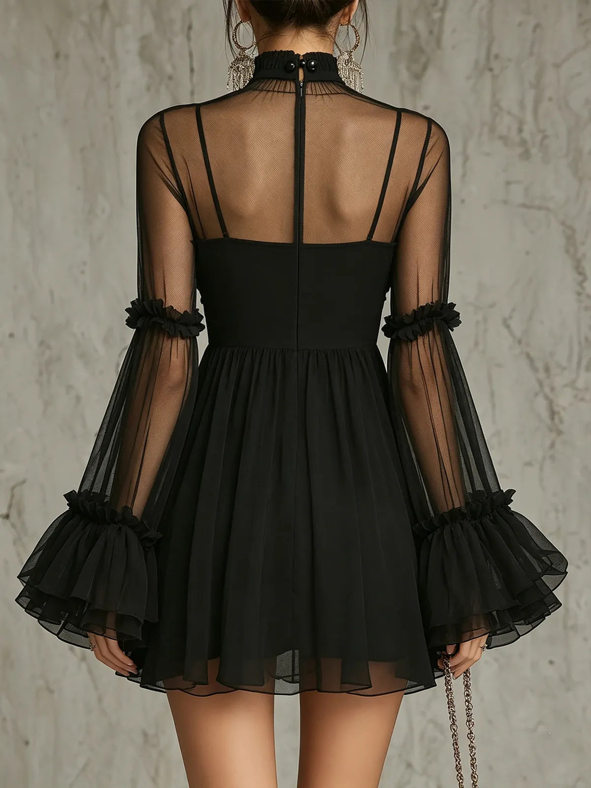 Black Sheer Floral Appliqué High Neck Pleated Chiffon Mini Dress Flowering Girl
