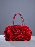 Red Satin Rose Clutch With Beaded Handle Flowering Girl