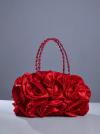 Red Satin Rose Clutch With Beaded Handle Flowering Girl