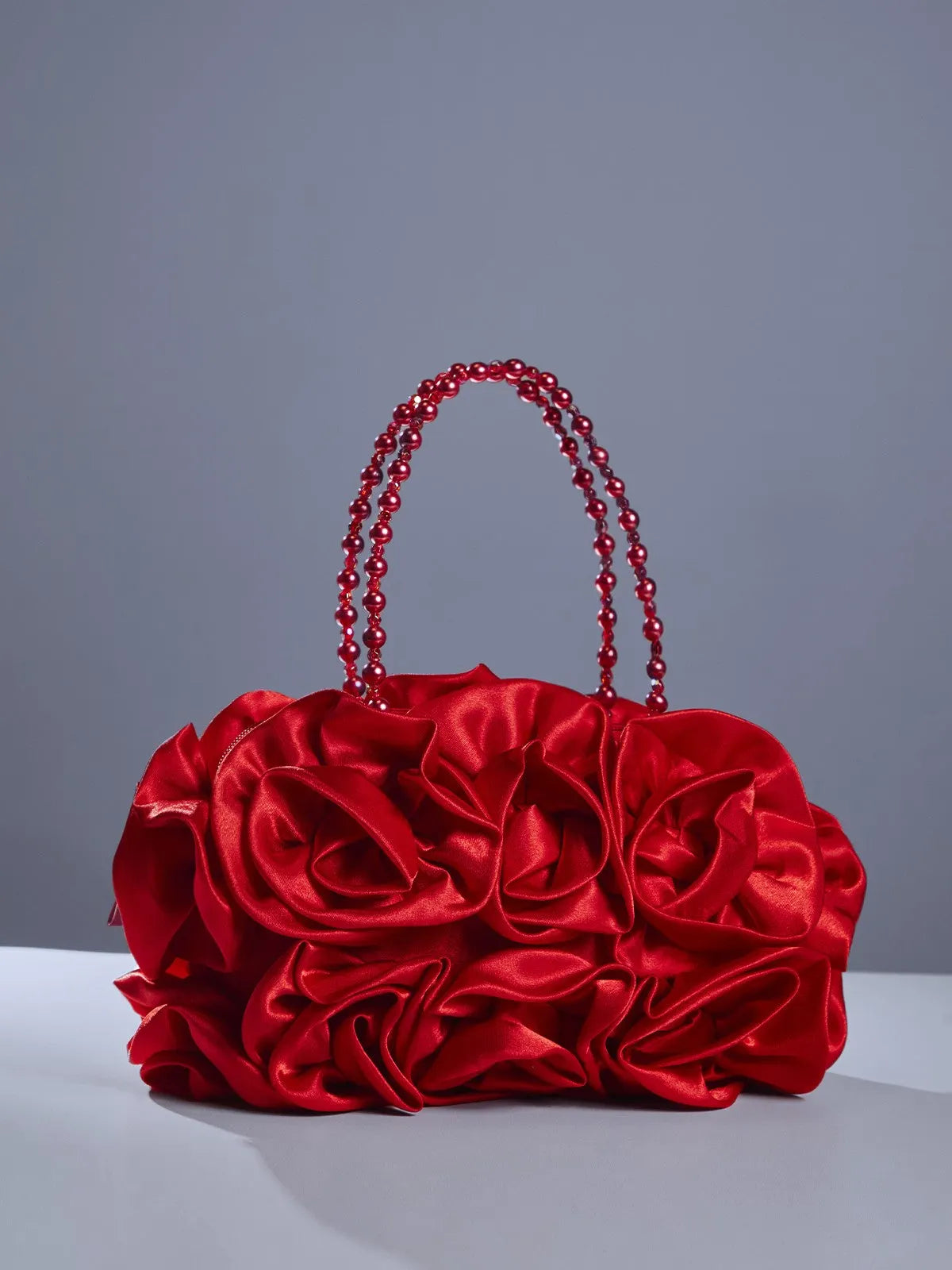 Red Satin Rose Clutch With Beaded Handle Flowering Girl
