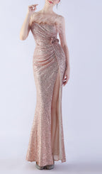 Chroma Gold Sequin Flower Feather Maxi Dress Flowering Girl