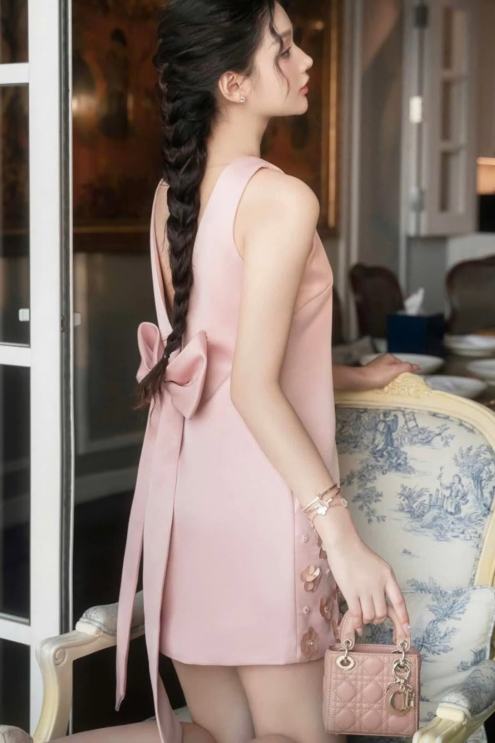 Flower Sleeveless v-Neck Mini Dress In Pink Flowering Girl