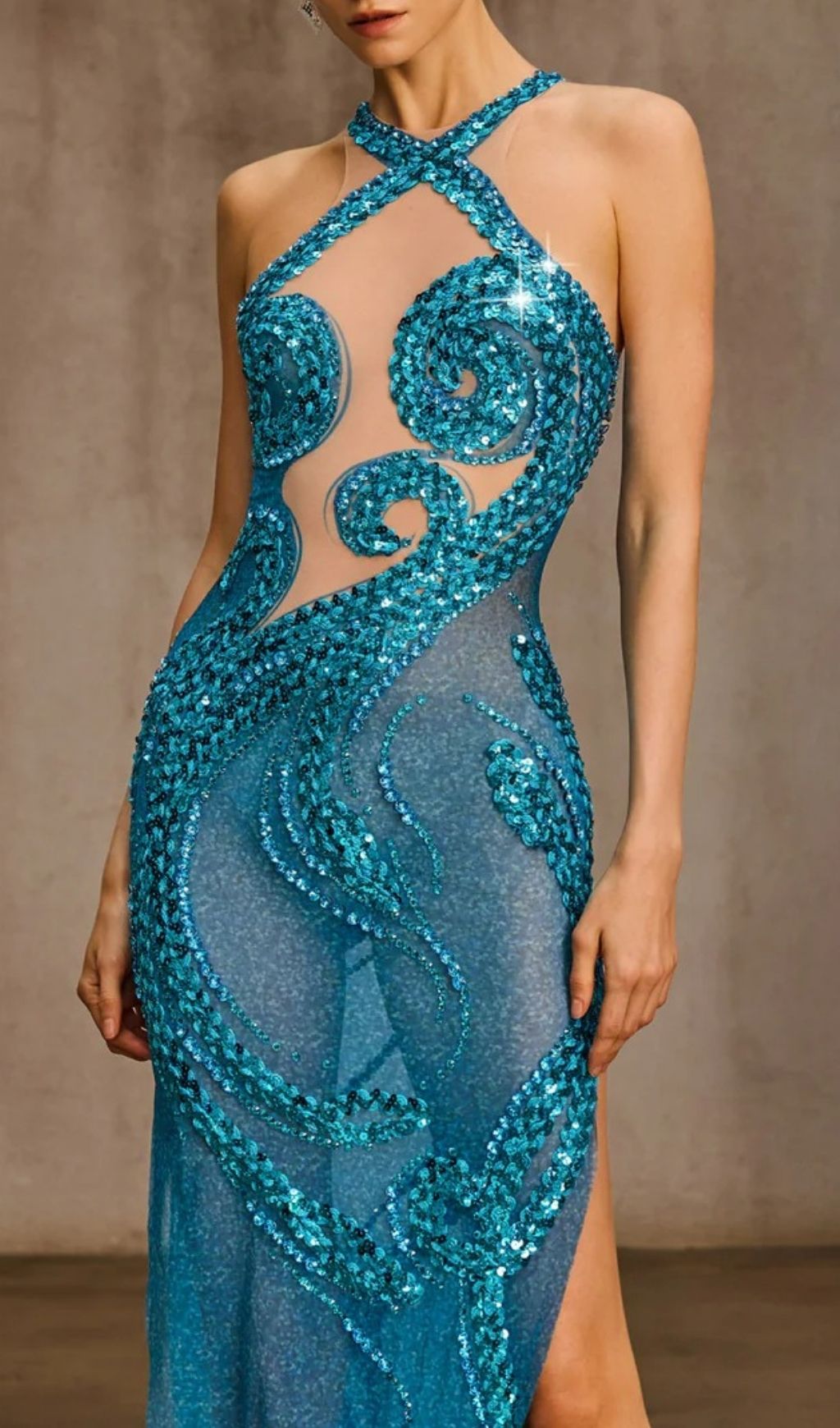 Kaelvion Sequin Crystal Mesh Maxi Dress Flowering Girl