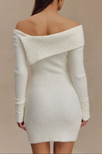 White Off-The-Shoulder Long-Sleeved Knitted Dress Flowering Girl