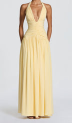 Kelley Yellow Halter Ruched Maxi Dress Flowering Girl