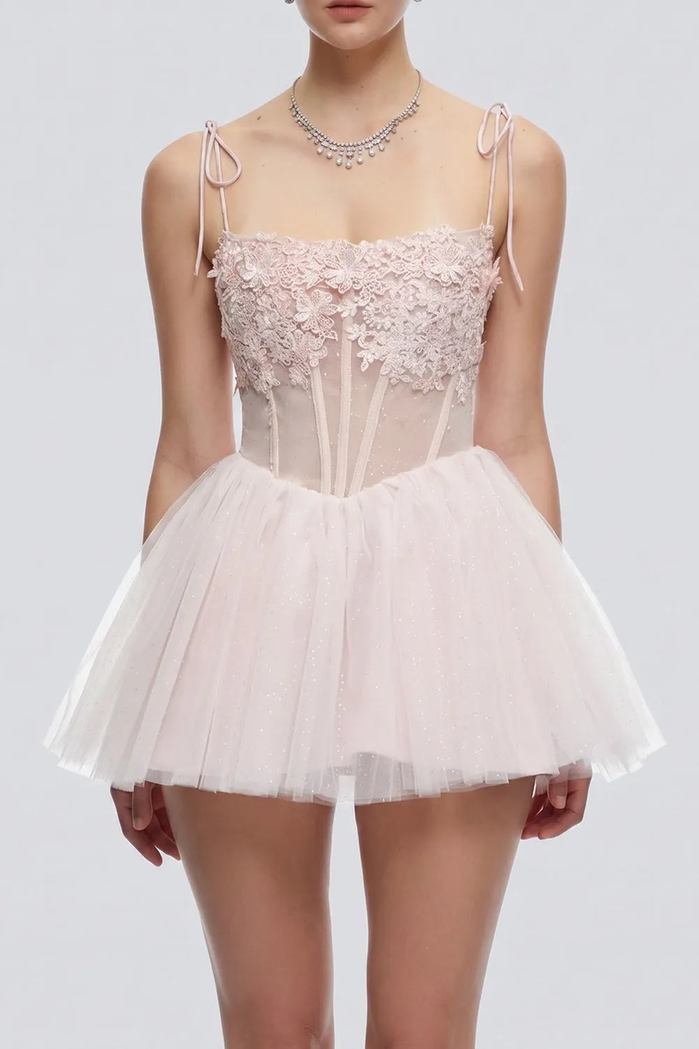Tie Strap 3D Floral Mesh Corset Tulle Mini Dress Flowering Girl