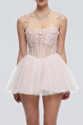 Tie Strap 3D Floral Mesh Corset Tulle Mini Dress Flowering Girl