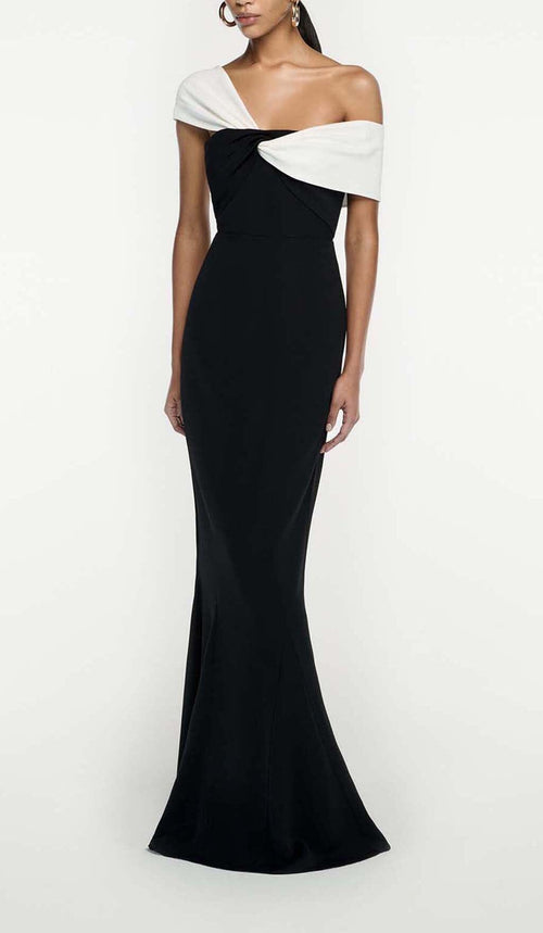 Asymmetric Off-The-Shoulder Maxi Dress In Black Flowering Girl