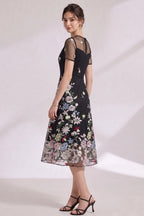 Black Floral Embroidery A-Line Midi Dress with Sheer Mesh Overlay Flowering Girl