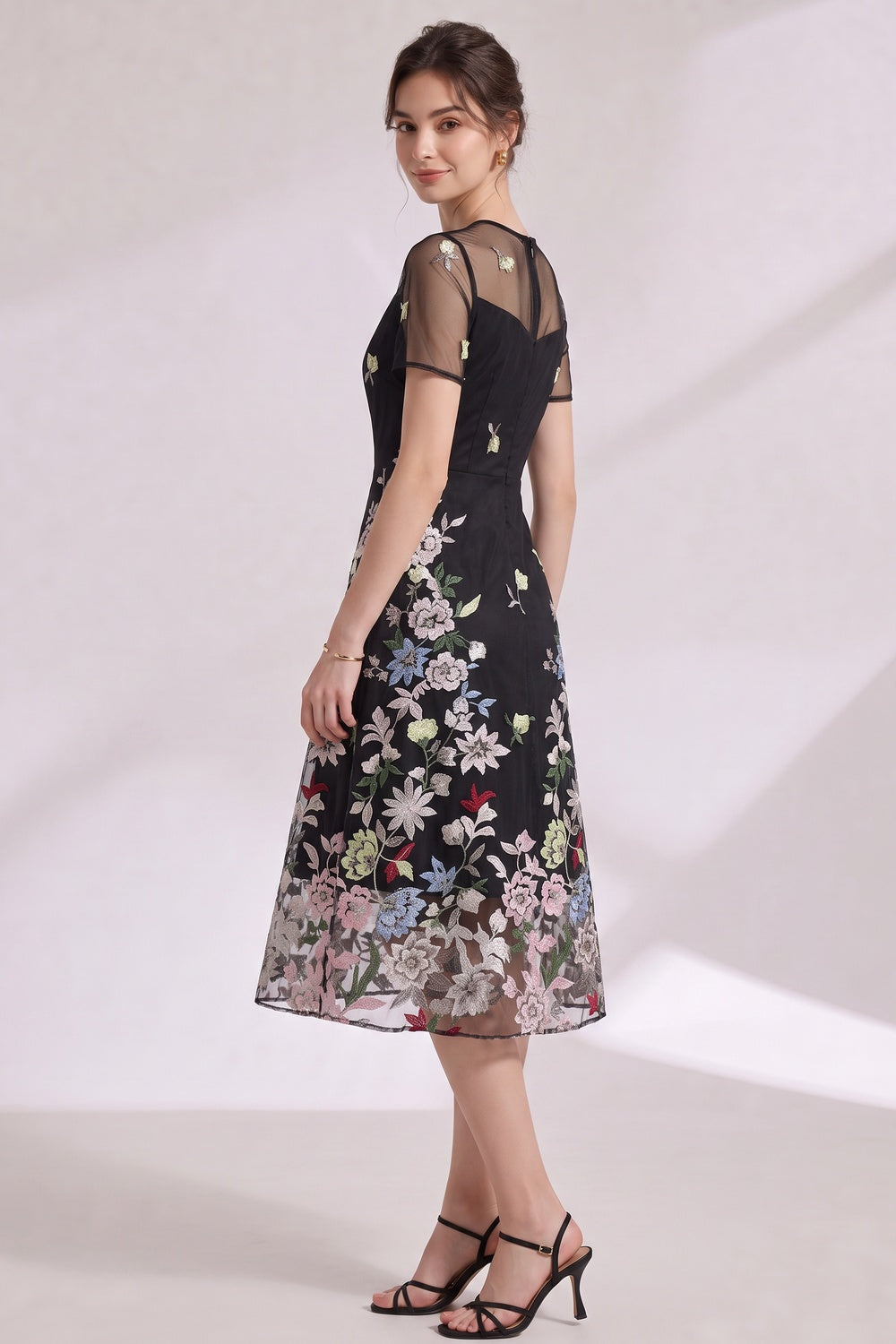 Black Floral Embroidery A-Line Midi Dress with Sheer Mesh Overlay Flowering Girl