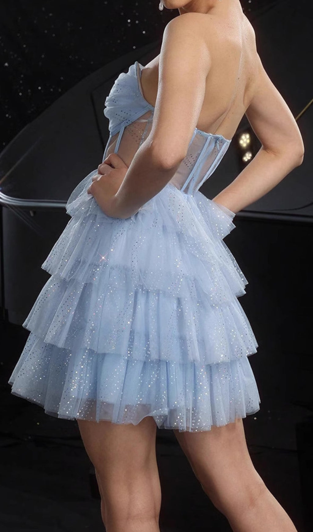 Dembe Blue Strapless Corset Mesh Mini Dress Flowering Girl