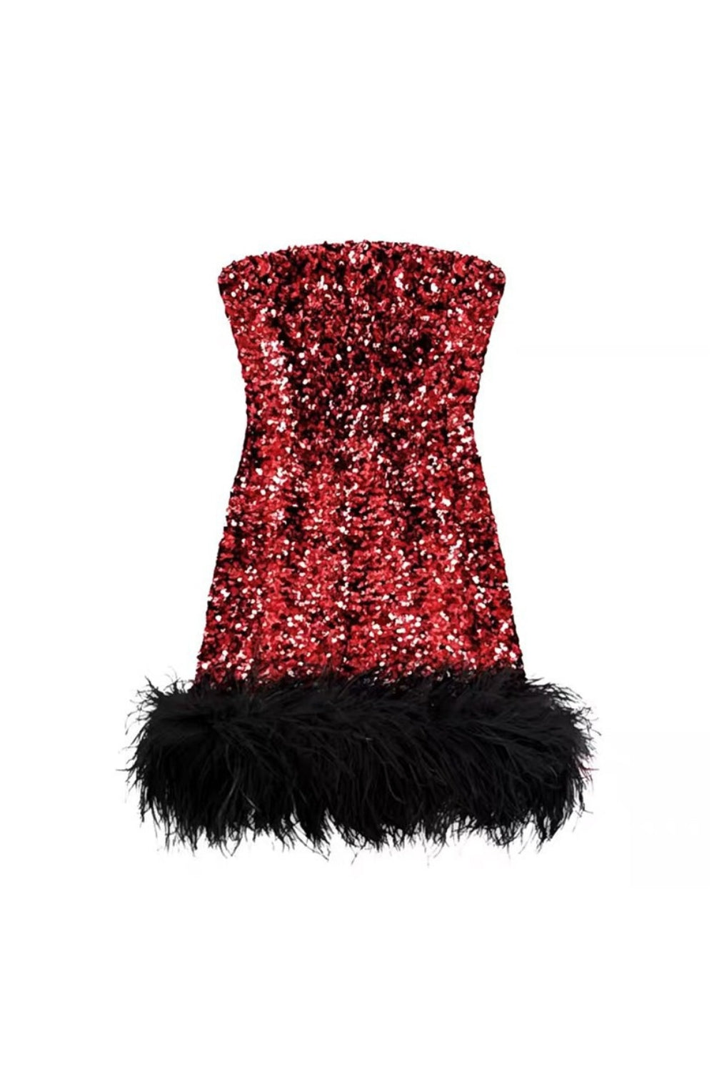 Quintina Sequin Feather Strapless Mini Dress In Red Flowering Girl
