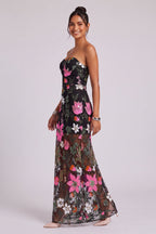 Black Floral Embroidered Mesh Column Dress Flowering Girl