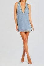 Stevie crystal Embellished Denim mini Dress in pale blue Flowering Girl