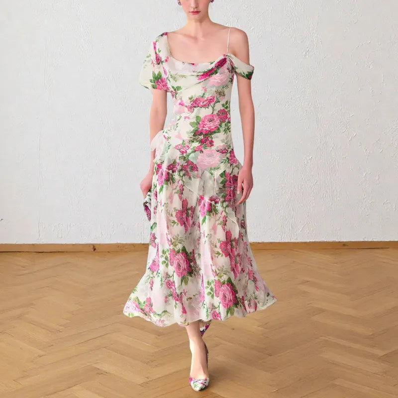 White Off-The-Shoulder Floral Printed Midi Dress Flowering Girl