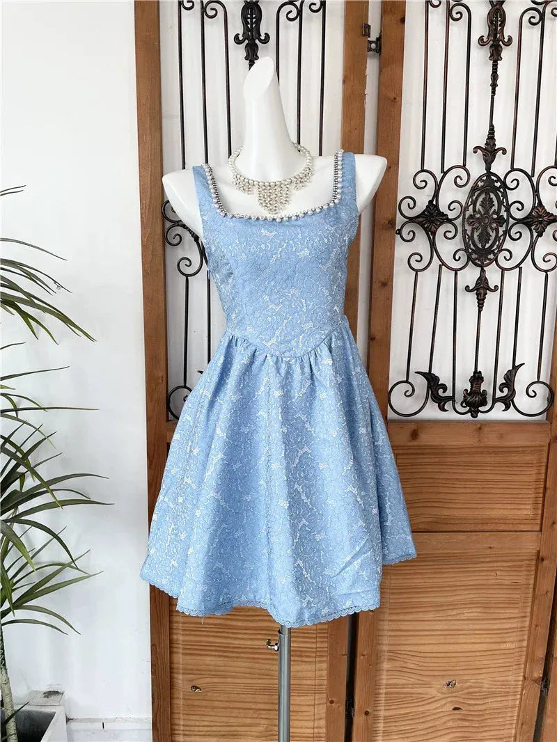 Beaded Square Neck Retro Jacquard Bow Strap Waist A-Line Mini Dress Flowering Girl