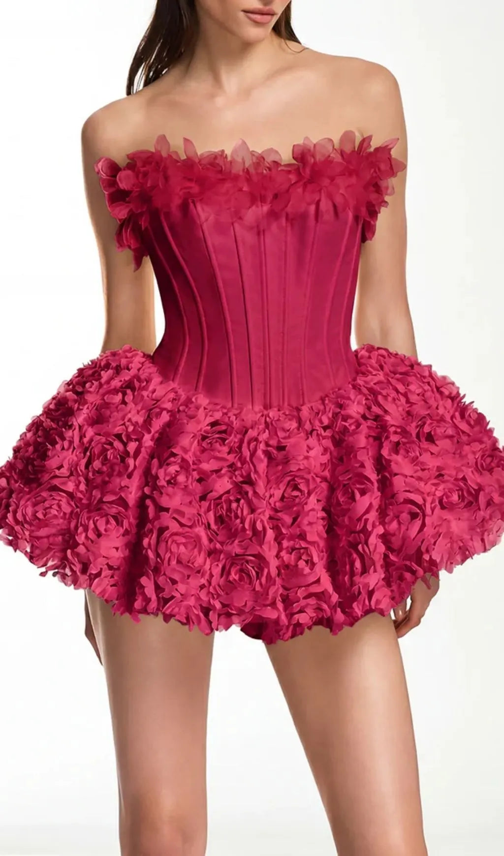 Ulthar Strapless Flower Mini Dress In Hot Pink Flowering Girl