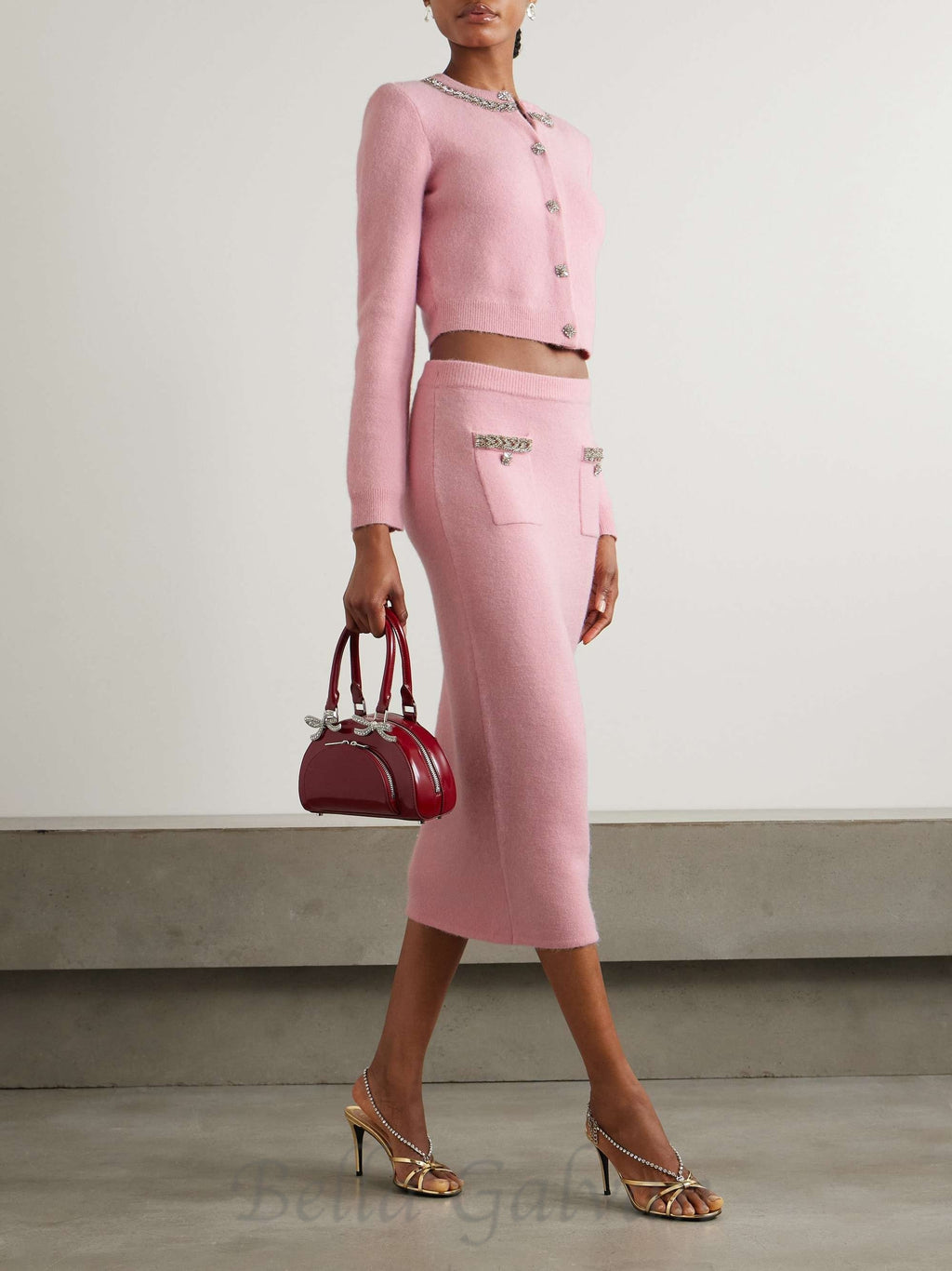 Rhinestone-embellishment padded-shoulders knitted cardigan in pink Flowering Girl