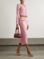 Rhinestone-embellishment padded-shoulders knitted cardigan in pink Flowering Girl