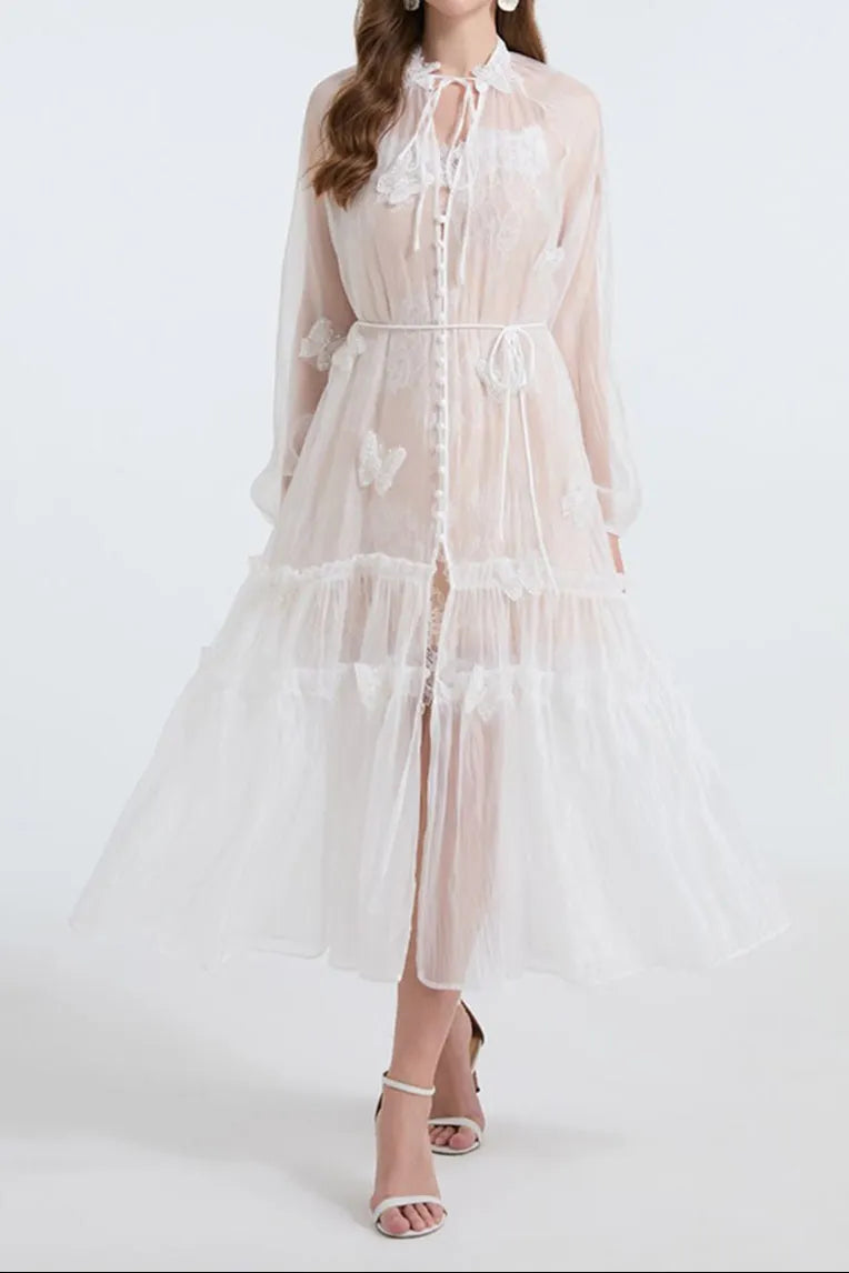 See-Through Blouse Maxi Dress With Lace Skirt In White Flowering Girl