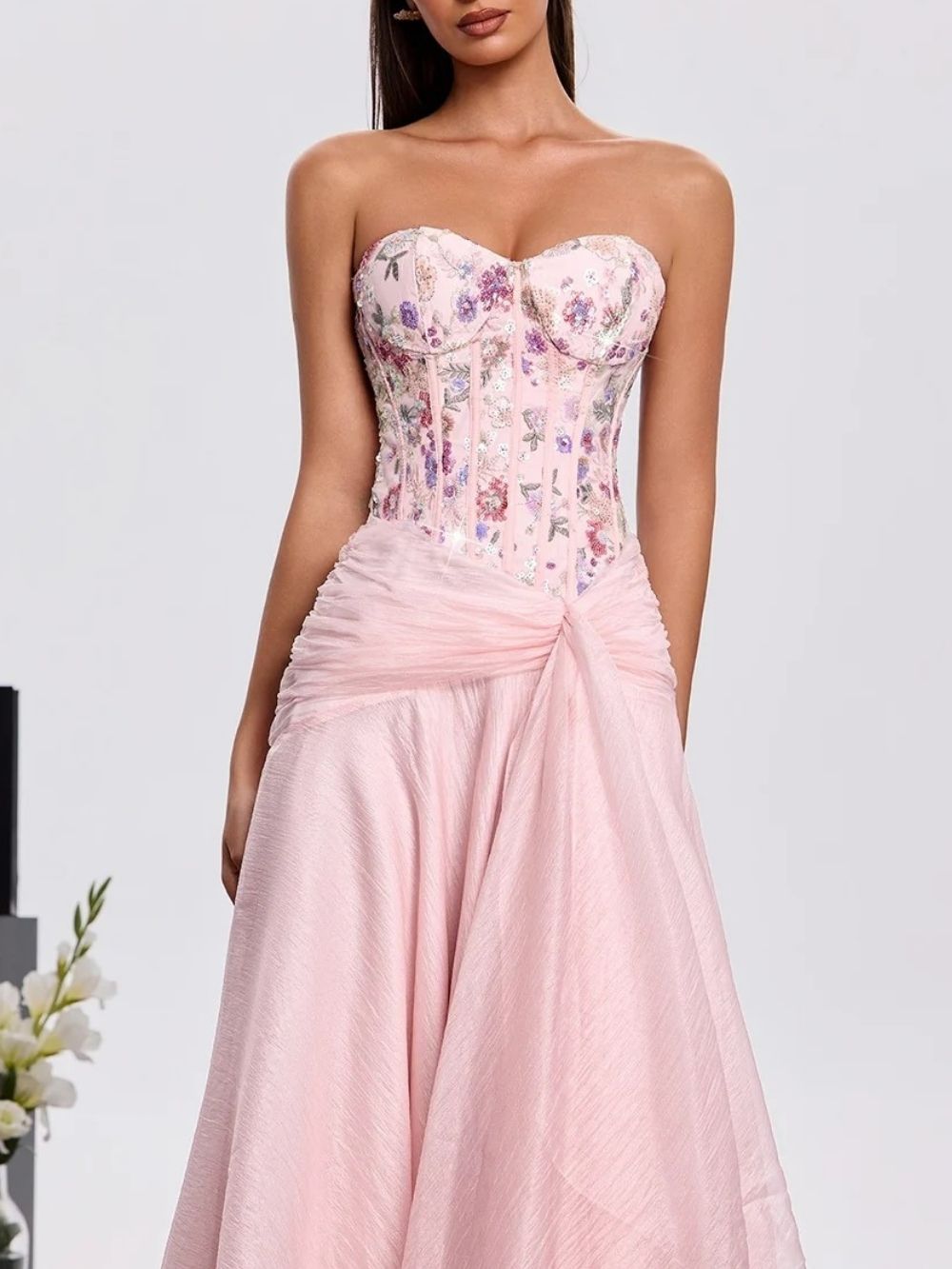 Haruna Strapless Embroidered Midi Dress Flowering Girl