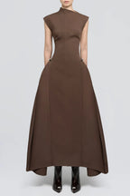 Eorkone Symmetric Drapes Flared Midi Dress - Brown Flowering Girl