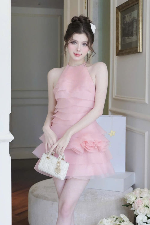 3d Flower Halter Ruffle Layer Mini Dress In Pink Flowering Girl
