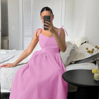 Cotton Linen Backless Strap Midi Dress Flowering Girl