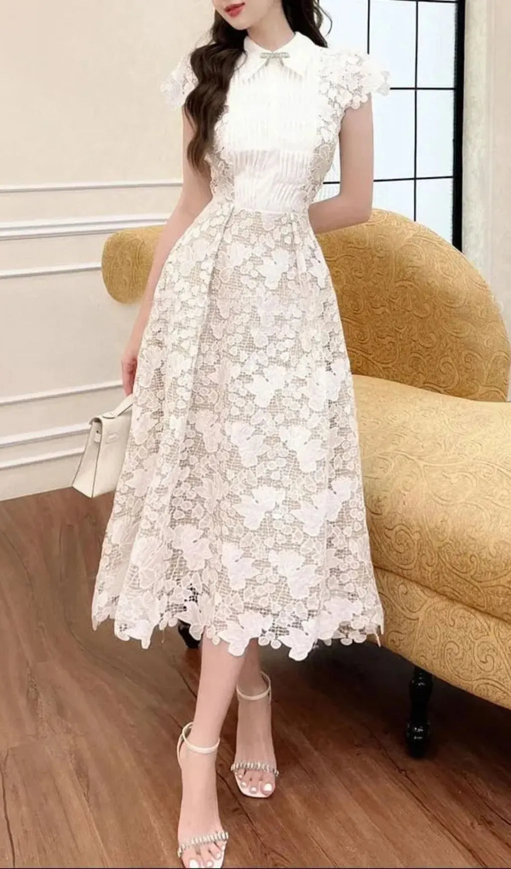 Leila White 3D Flower Embroidery Bow Lace Midi Dress Flowering Girl