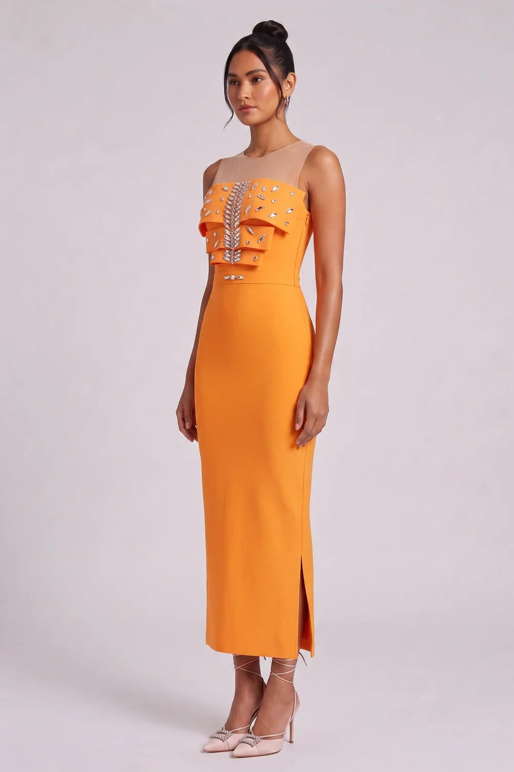 Orange Ruffle Embellished Midi Dress Flowering Girl