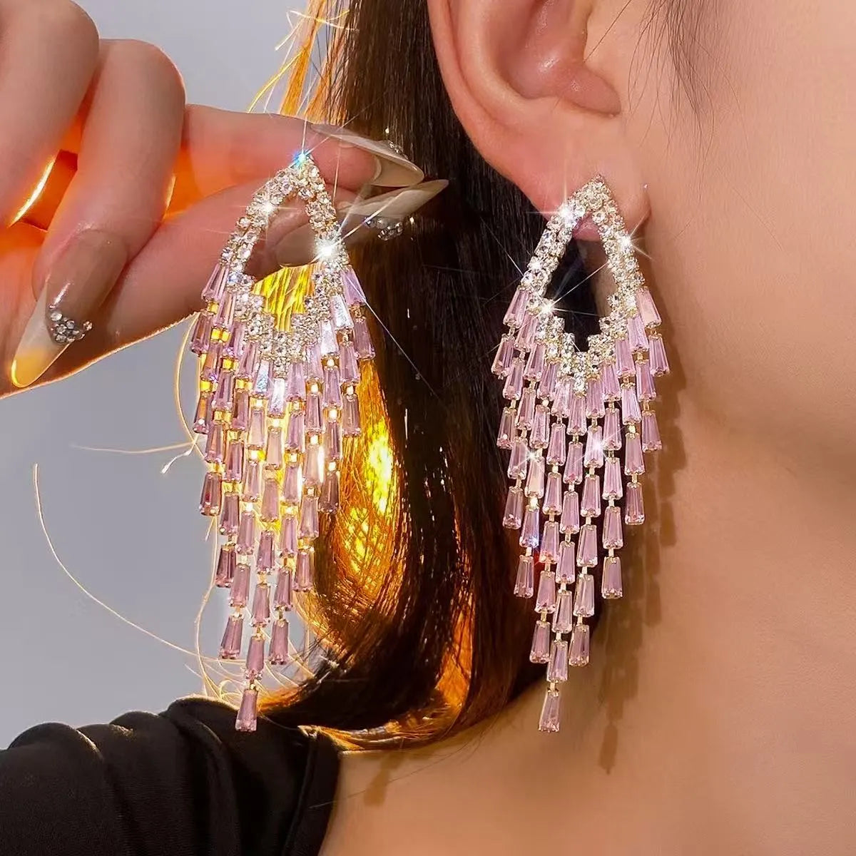 Teardrop Frame Aqua Baguette Crystal Tassel Drop Earrings Flowering Girl