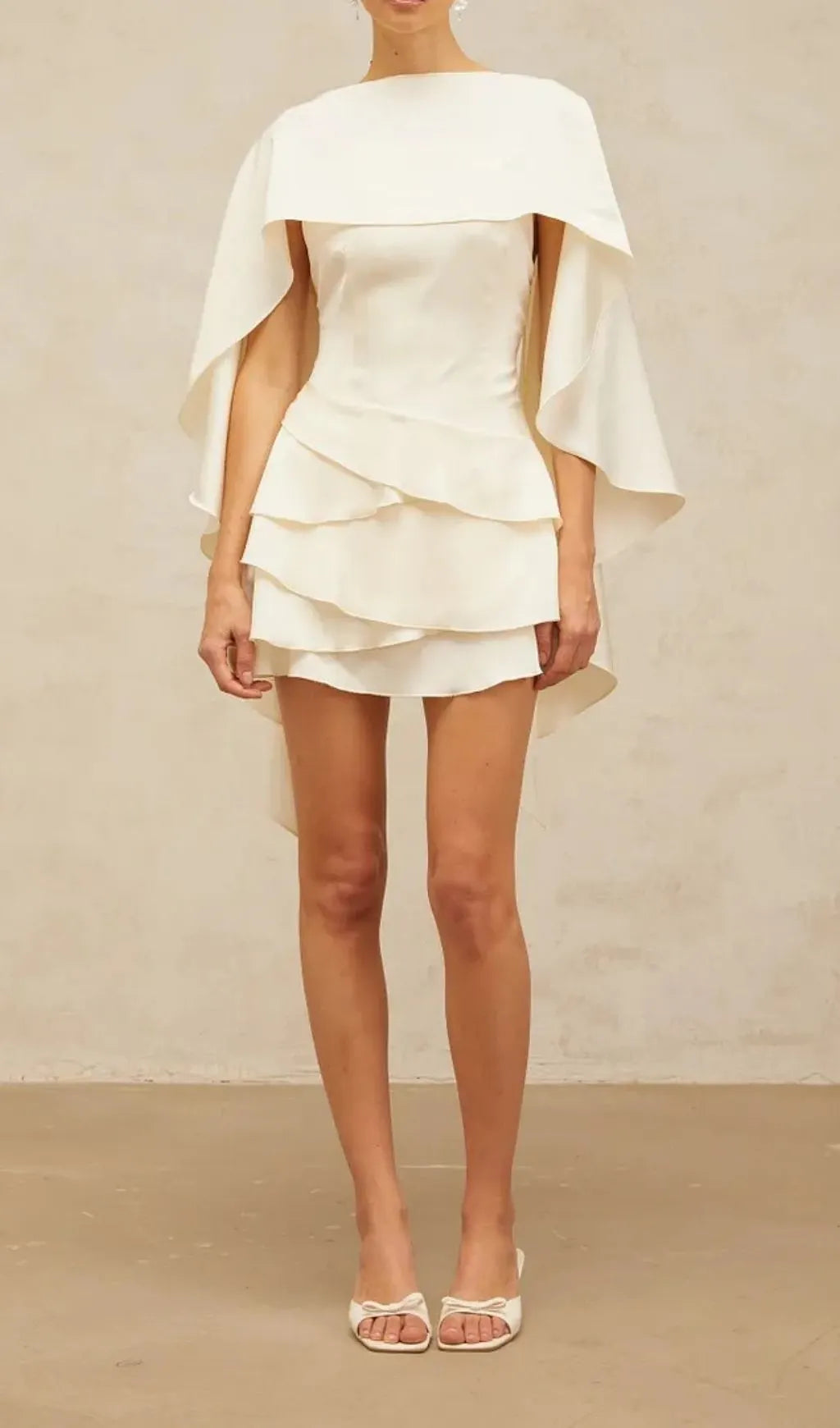 Lyna White Satin Ruffled Mini Dress With Shawl Panel Detail Flowering Girl