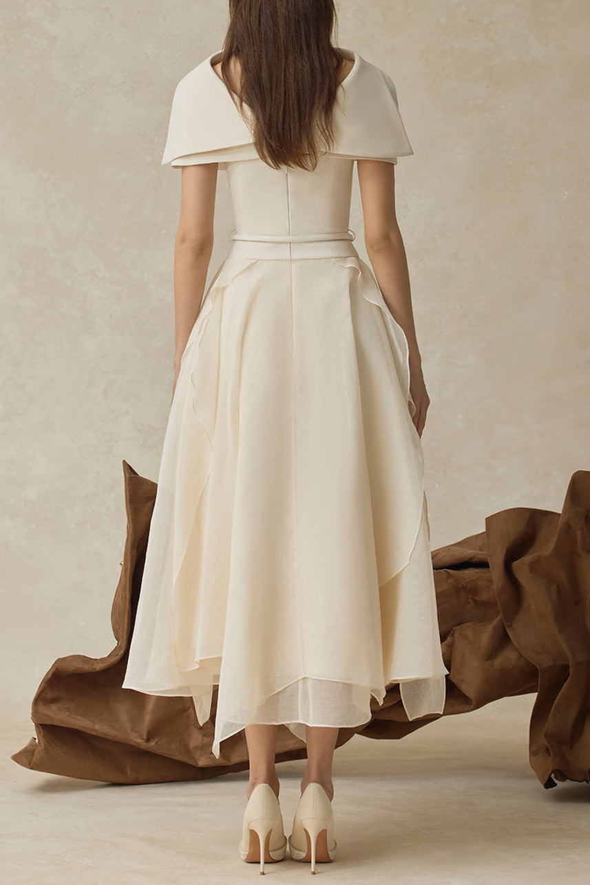 kelly beige Cape Sleeve Ruffle Midi Dress with belt Flowering Girl