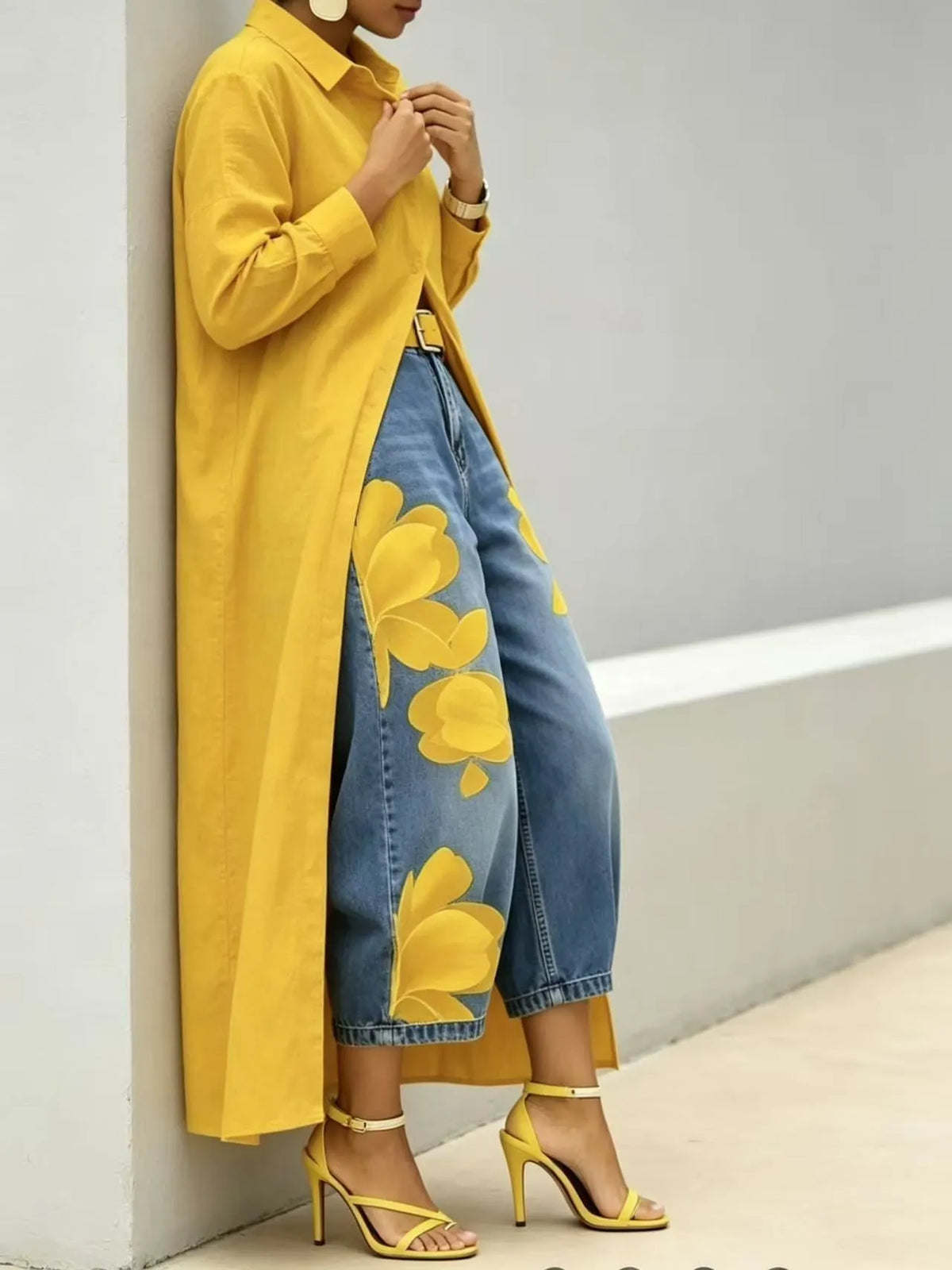 Long Shirt Paired With a Floral Wide-Leg Denim Trouser Set Flowering Girl