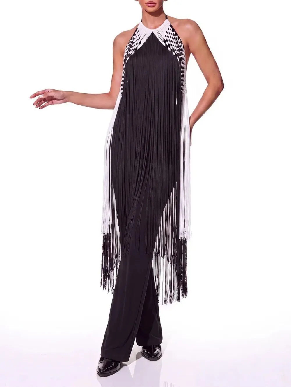 Pyrune Halterneck Fringe Midi Dress Flowering Girl