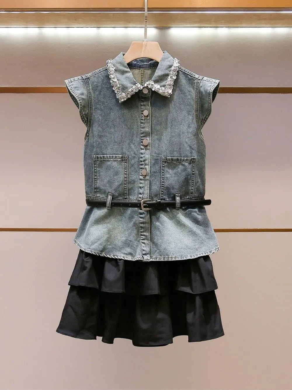 Marije Denim Vest & Skirt Set Flowering Girl