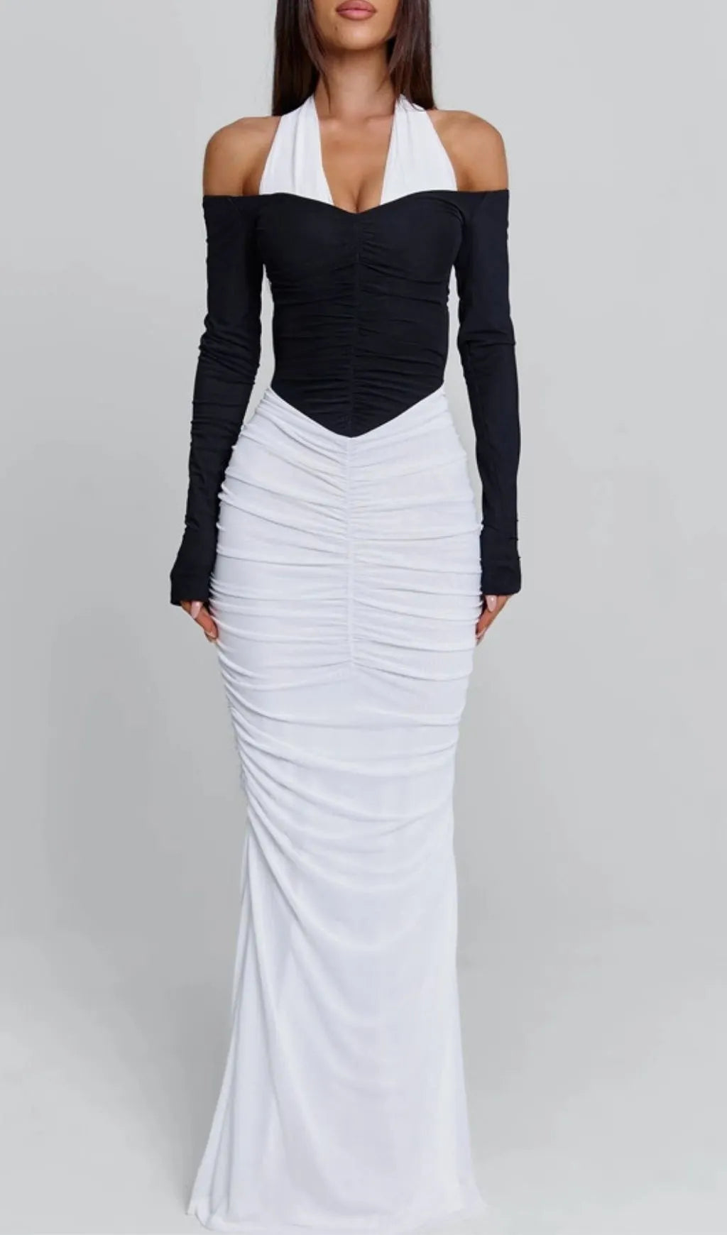 Kapri Halter Ruched Long Sleeve Maxi Dress Flowering Girl