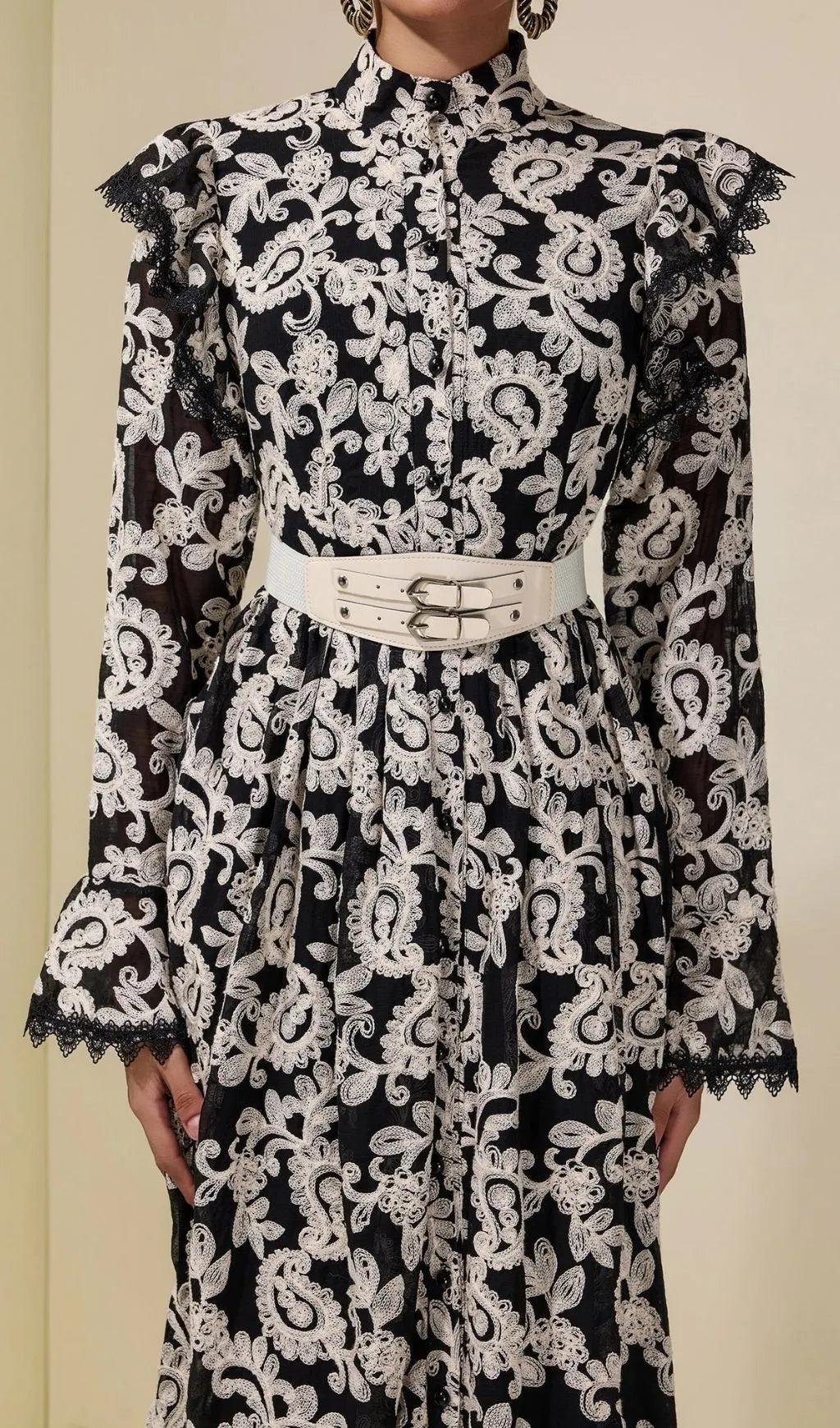 Alma Chiffon Embroidered Single Breasted Midi Dress With Belt - Black Flowering Girl